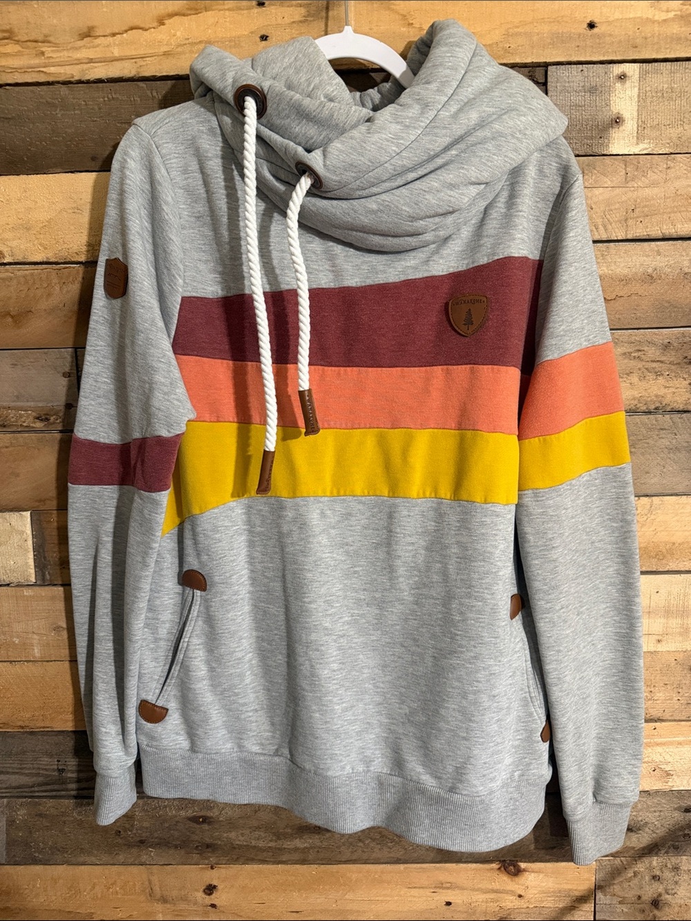 Wanakome Gray Cowl-Neck Sweater with Burgundy, Coral & Yellow Stripes